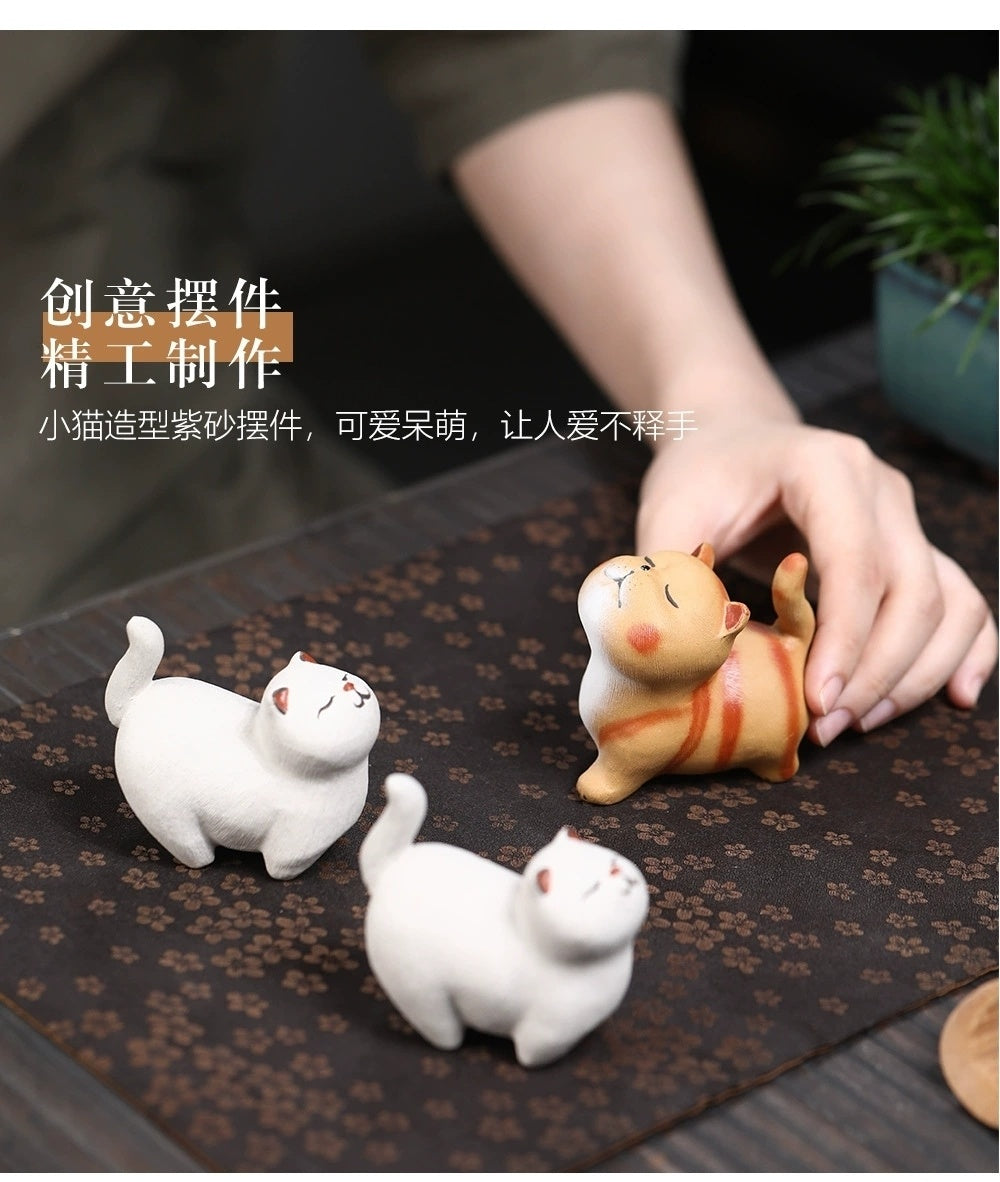 Yixing purple sand tea pet cat ornaments handmade tea table decoration tea table decoration tea play tea set accessories lucky cat can be kept