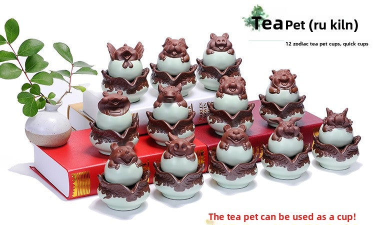 12 zodiac Ru kiln ceramic quick cup one pot one cup portable travel Kung Fu tea set office teapot teacup tea pet ornaments can be raised