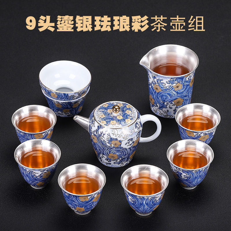 [Kaolin material] Enamel handmade ceramic silver-plated tea set 999 silver automatic tea set Kung Fu teacup tea brewing household teapot