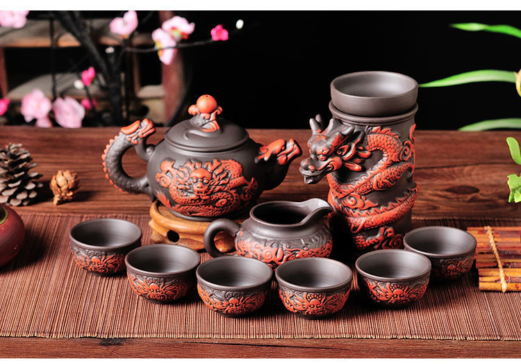 Creative Zisha Antique Tea Filter Kung Fu Automatic Tea Set Dragon Pattern Teapot Teacup Complete Set Ceramic Filter Tea Strainer