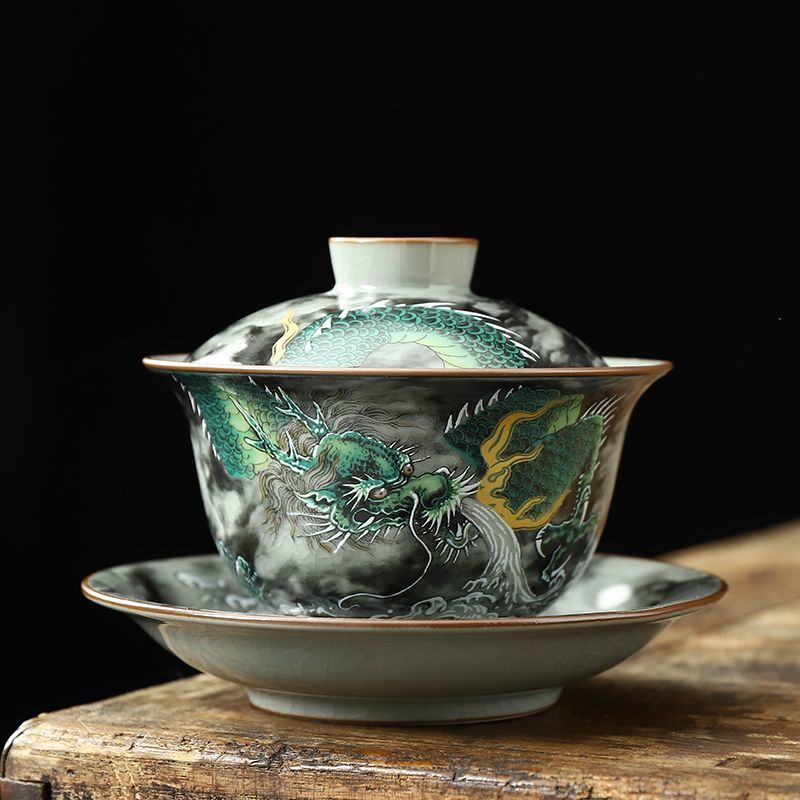 Three-piece porcelain set Ru kiln ink-colored auspicious cloud lidded bowl with cracks, can be used to raise a tea cup, anti-scalding Kung Fu tea set, tea brewing cup