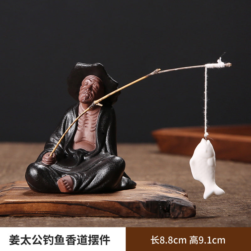 Zen purple sand creative figure Jiang Taigong fishing ornaments home living room aromatherapy burner incense holder tea pet decorations