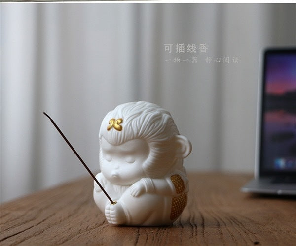 Wukong home Dehua white porcelain Zen incense holder tea table decoration tea pet hand-held pieces play study tea art Zen