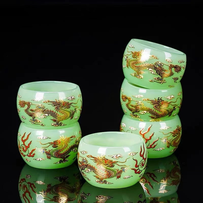 New hand-made silver-inlaid glazed jade white dragon and phoenix host tea cup single creative tea cup jade porcelain tea cup