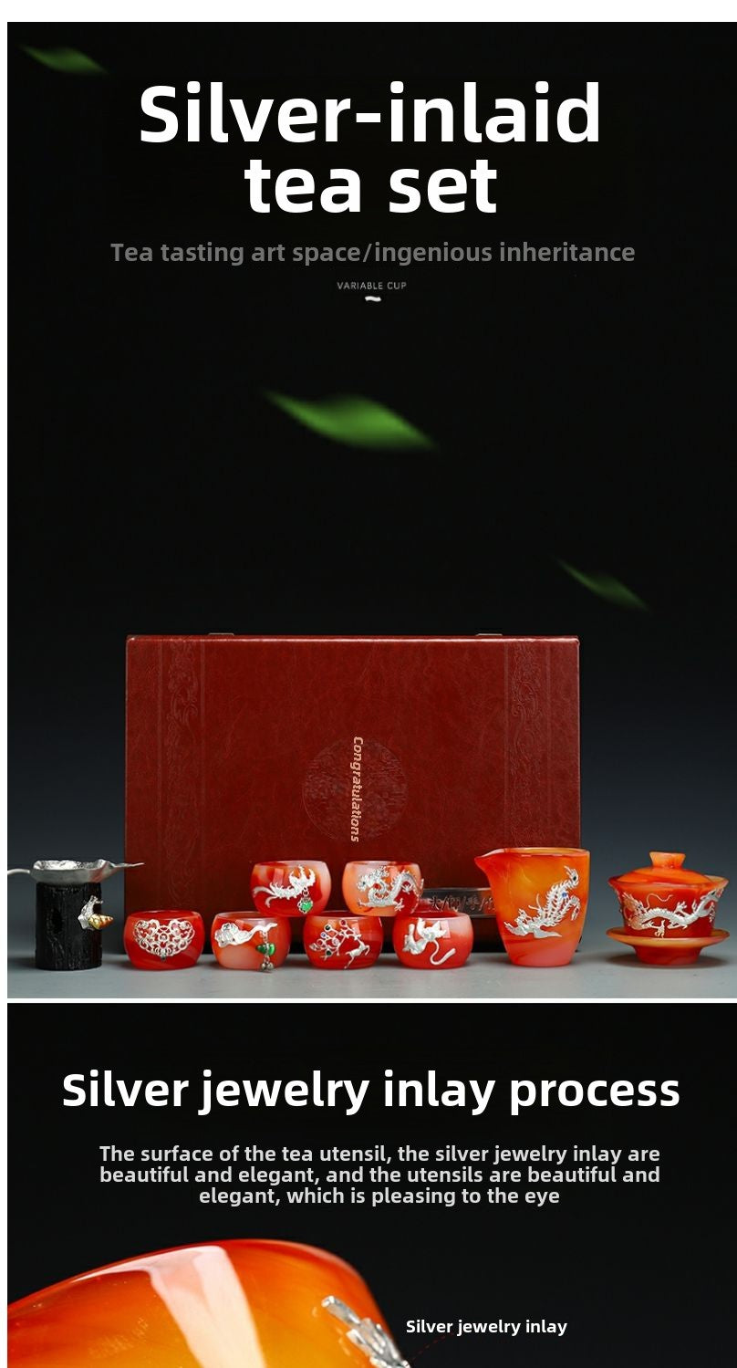 Qimeiyoupin gilded glazed bowl Kung Fu tea set office home agate jade tea cup gift box