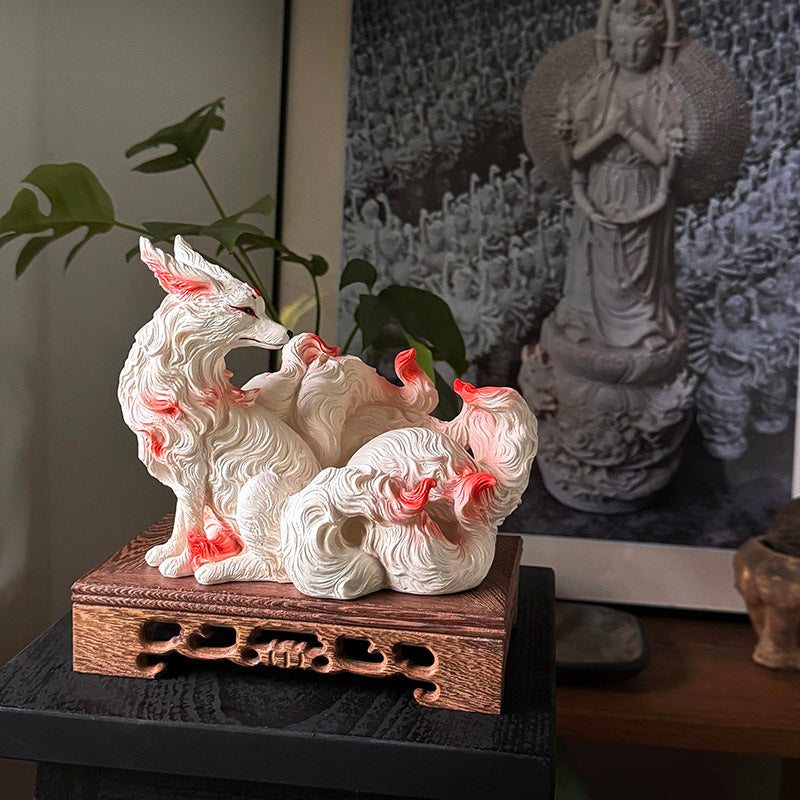 Nine-tailed fox ornaments, spirit fox hall statues, lucky fox decorations, home car coffee table desktop five immortals small ornaments