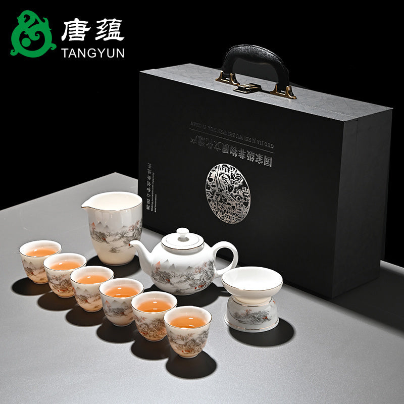 Ice-type mutton-fat jade white porcelain Kung Fu tea set home office reception ceramic covered bowl tea cup high-end gift box