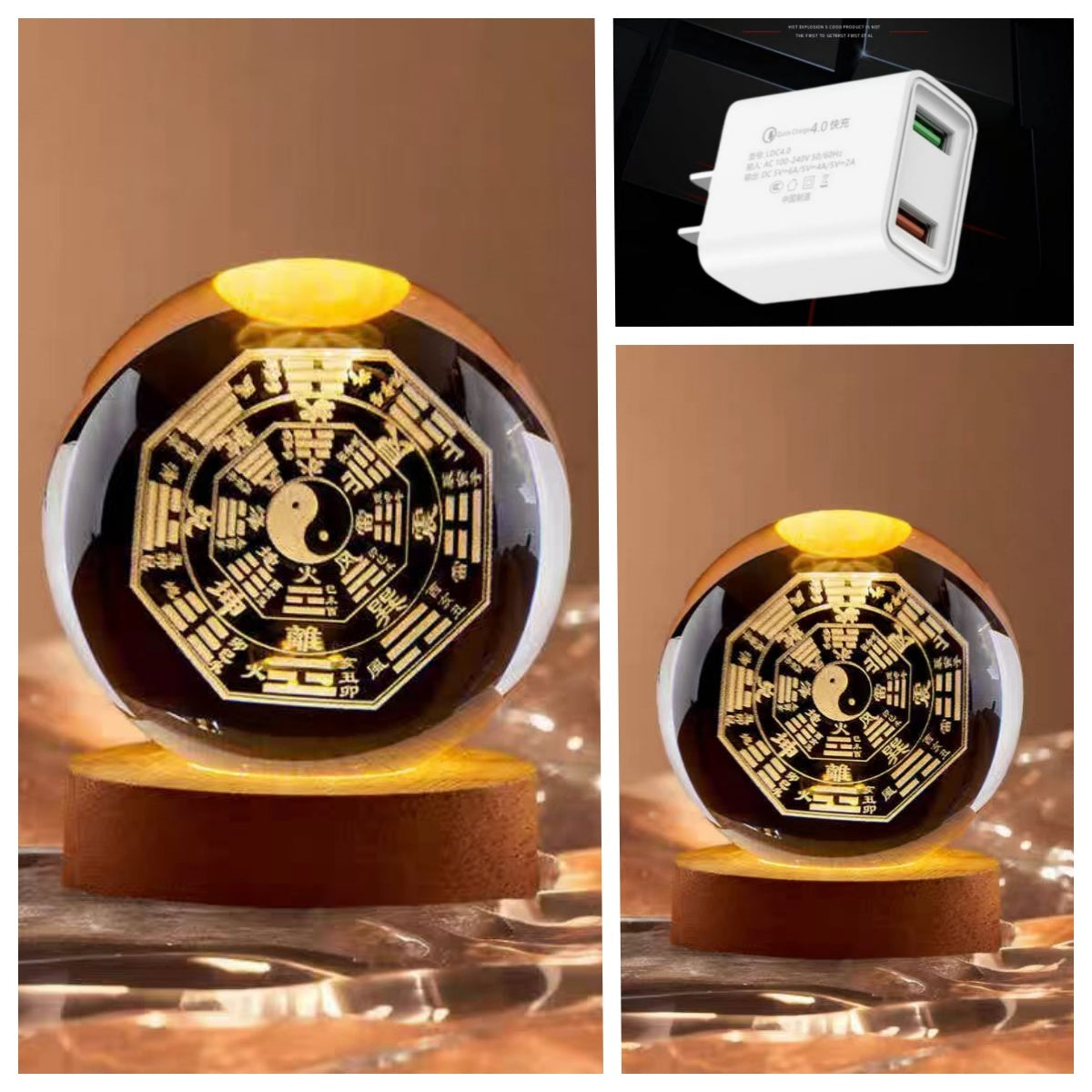 Feng Shui town house Tai Chi crystal ball with eight trigrams carved inside Feng Shui to protect safety ornaments for home entrance bedroom desktop