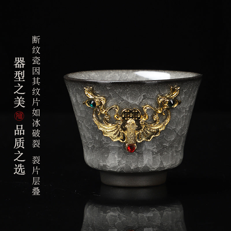 [Chinese style] Black ice flower gold inlaid jade tea cup home reception tea cup ceramic Kung Fu tea set single high-end tea cup host cup