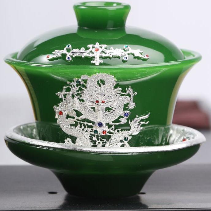 High-grade gold inlaid jade dragon and phoenix large covered bowl tea cup glazed jade tea bowl with lid tea set ancient kung fu tea bowl