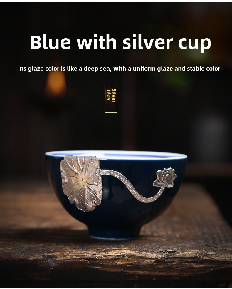 Kiln-changed silver-inlaid ceramic teacup sterling silver tea cup Kung Fu tea set Jianzhan master cup single cup tea bowl tea cup home use