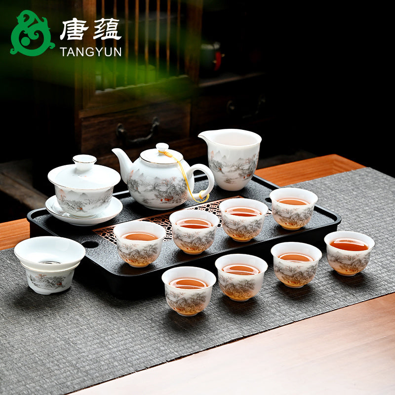 Ice-type mutton-fat jade white porcelain Kung Fu tea set home office reception ceramic covered bowl tea cup high-end gift box