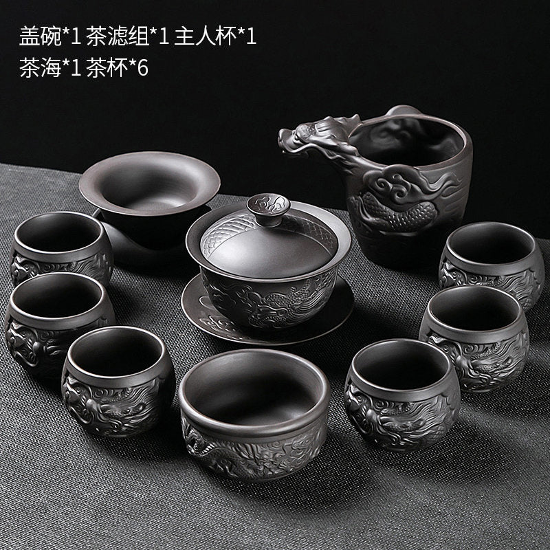 Longteng Sihai luxury purple sand tea set household tea tray office reception Kung Fu teapot covered bowl teacup