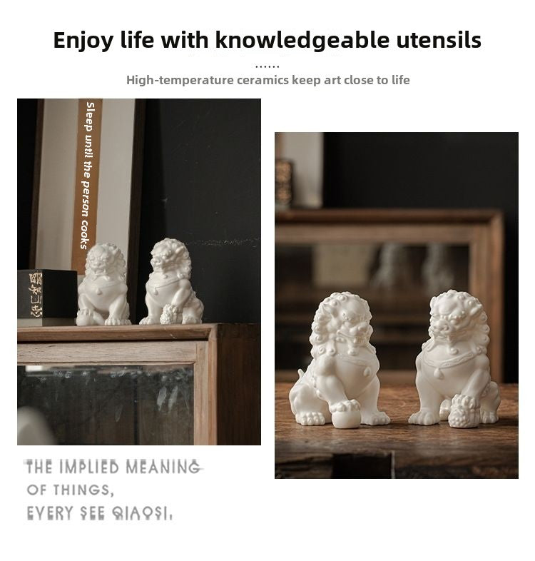 White ceramic ornaments living room tea pet porch tea room tea table office Chinese antique shelf decoration ceramic lion