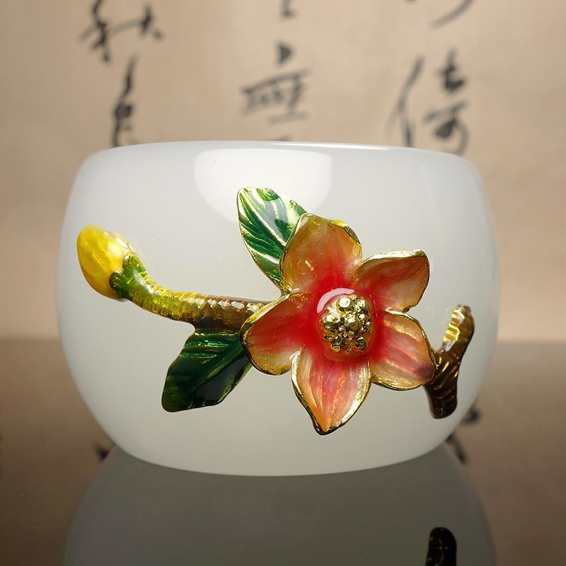 Xinjiang white jade flower blossoms with wealth and integrity, gold inlaid jade high-end home gift tea set Kung Fu jade cup!