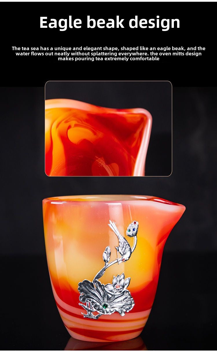 High-grade red agate jade porcelain Kung Fu tea set luxury natural glass lidded bowl tea cup office home gift