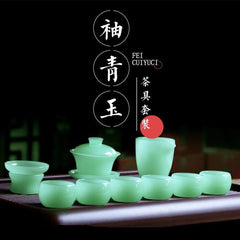 [Transparent as jade] Sky blue colored glaze Kung Fu tea set set with covered bowl and tea cup, complete set of home office tea brewing, business high-end gift tea set