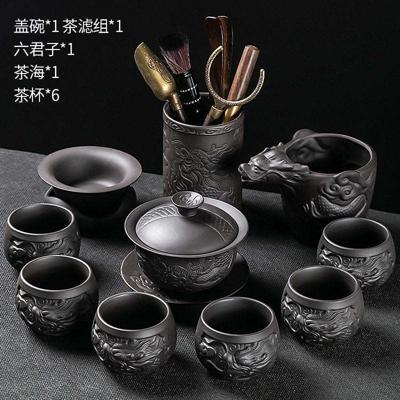 Longteng Sihai luxury purple sand tea set household tea tray office reception Kung Fu teapot covered bowl teacup