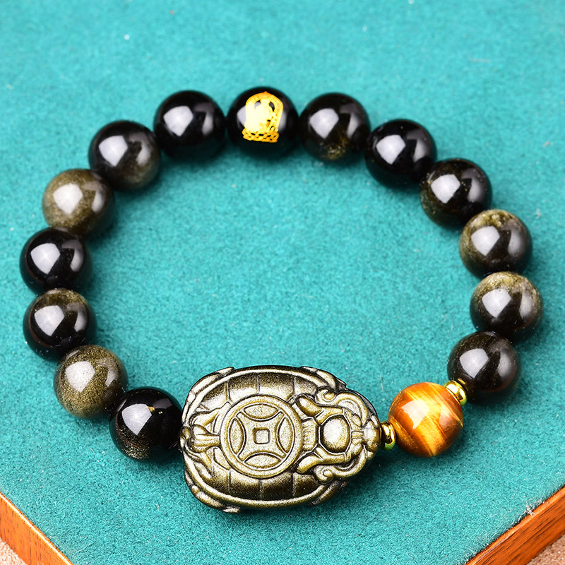 Gold Obsidian Dragon Turtle Bracelet Men's Obsidian Zodiac Buddha Beads Bracelet Transfer National Style Beaded Hand Jewelry Can Be Played