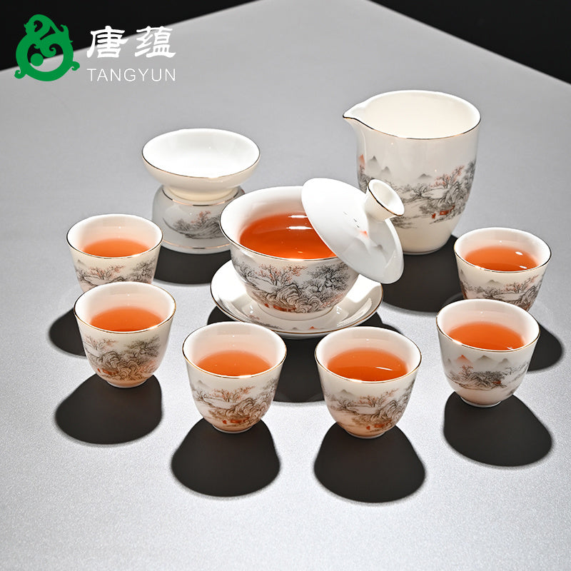 Ice-type mutton-fat jade white porcelain Kung Fu tea set home office reception ceramic covered bowl tea cup high-end gift box