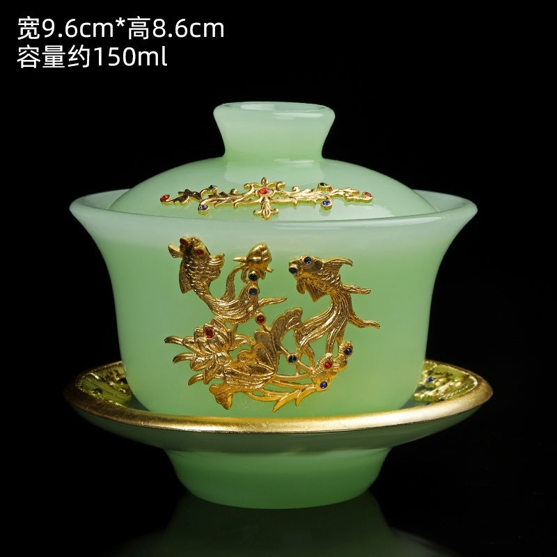 High-grade gold inlaid jade dragon and phoenix large covered bowl tea cup glazed jade tea bowl with lid tea set ancient kung fu tea bowl