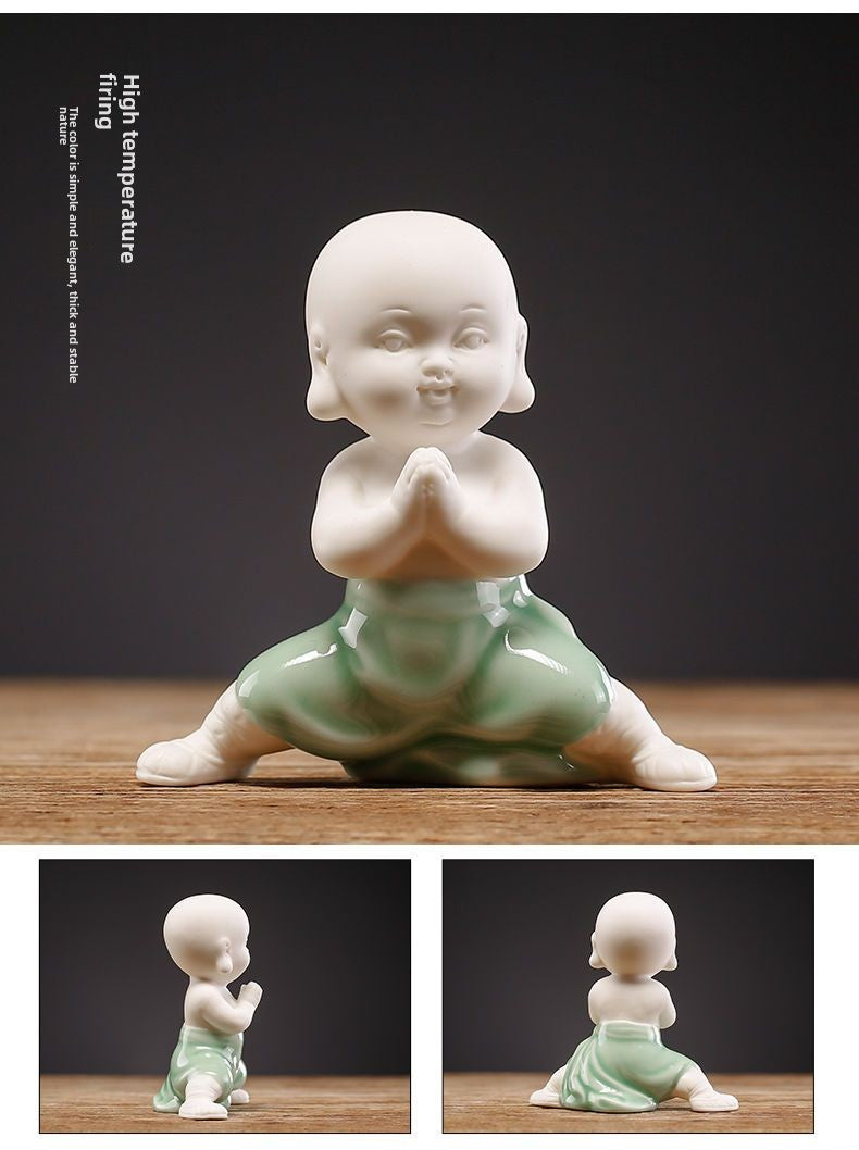 Tea pet ornaments ceramic kung fu little monk boutique can be raised high white porcelain sand mining living room decoration tea utensils table accessories