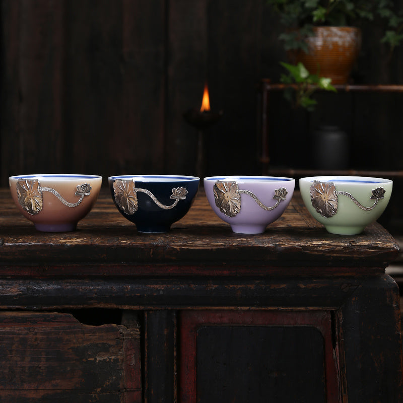 Kiln-changed silver-inlaid ceramic teacup sterling silver tea cup Kung Fu tea set Jianzhan master cup single cup tea bowl tea cup home use