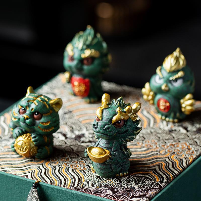 New Chinese style cute healing system fortune-attracting four beasts mascots blue sandstone tea pet ornaments Qinglong desktop decoration