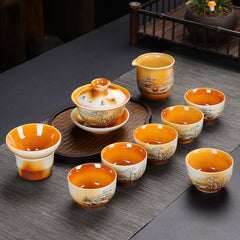 [Exquisite craftsmanship] Antique wood-fired Kung Fu tea set home office hand-painted tea cups and lids ceramic gift box high-end