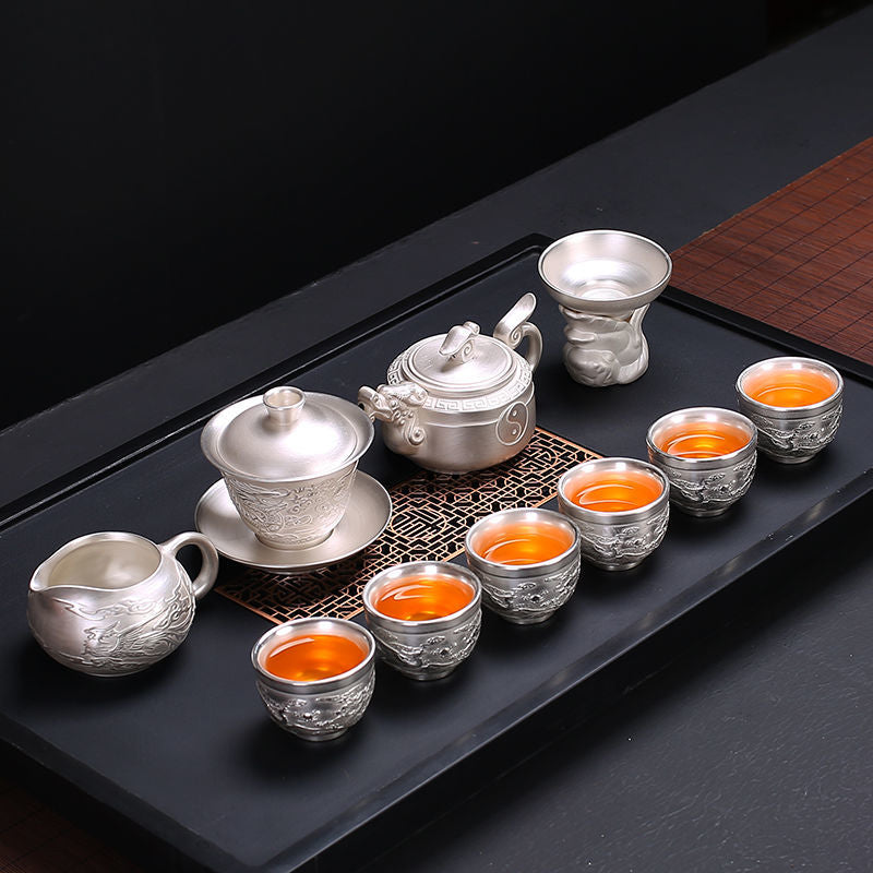 [Kaolin material] Enamel handmade ceramic silver-plated tea set 999 silver automatic tea set Kung Fu teacup tea brewing household teapot