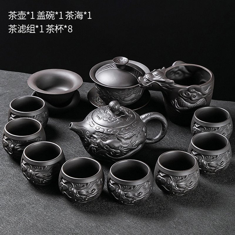 Longteng Sihai luxury purple sand tea set household tea tray office reception Kung Fu teapot covered bowl teacup