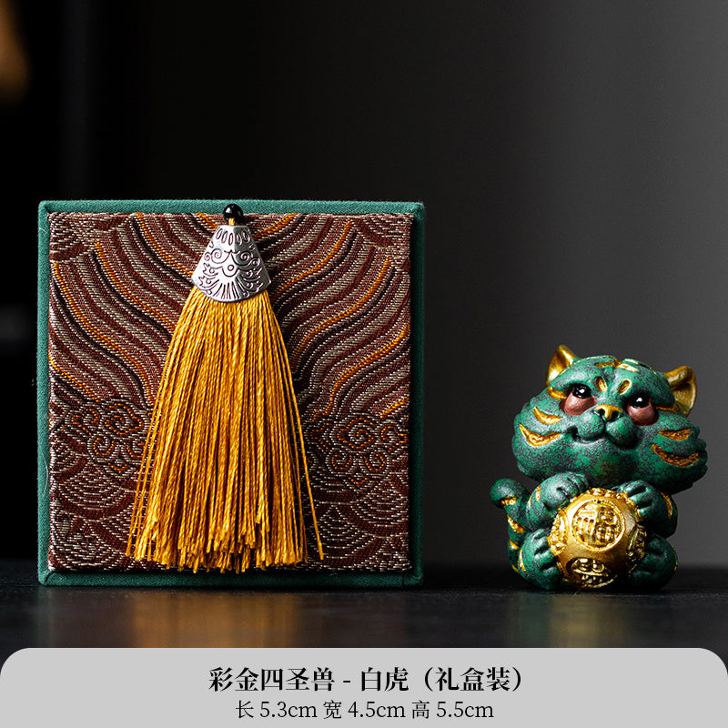 New Chinese style cute healing system fortune-attracting four beasts mascots blue sandstone tea pet ornaments Qinglong desktop decoration