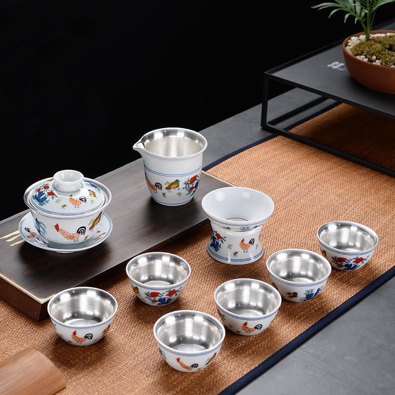 [Kaolin material] Enamel handmade ceramic silver-plated tea set 999 silver automatic tea set Kung Fu teacup tea brewing household teapot