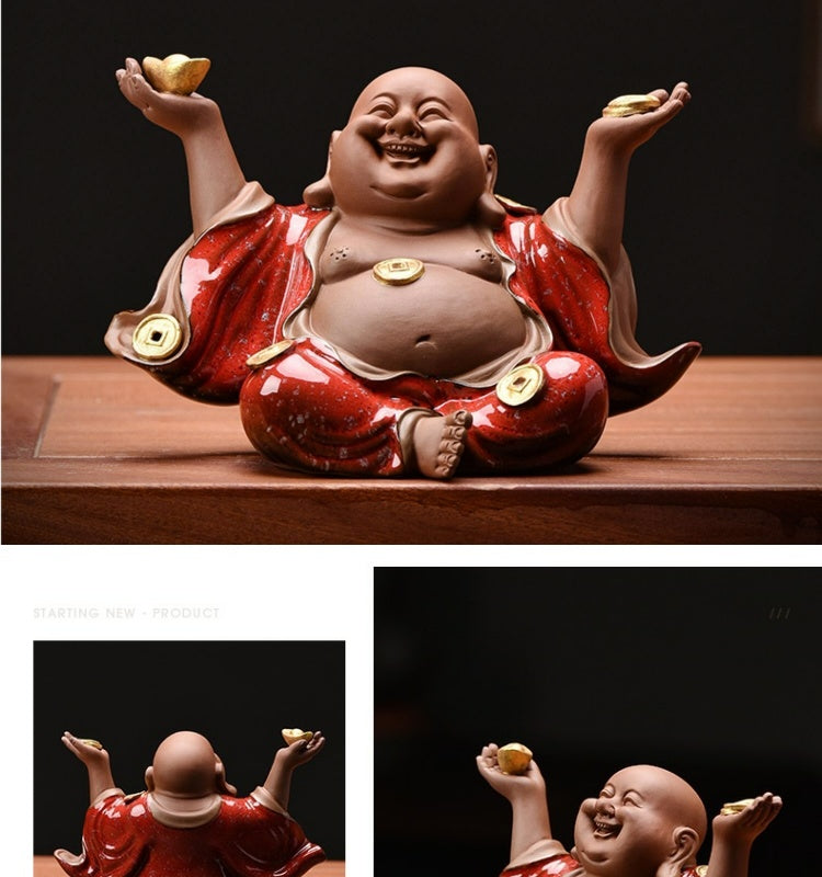 New Chinese Zen ceramic Maitreya Buddha ornaments living room porch desk Buddha statue decoration tea room desktop tea pet