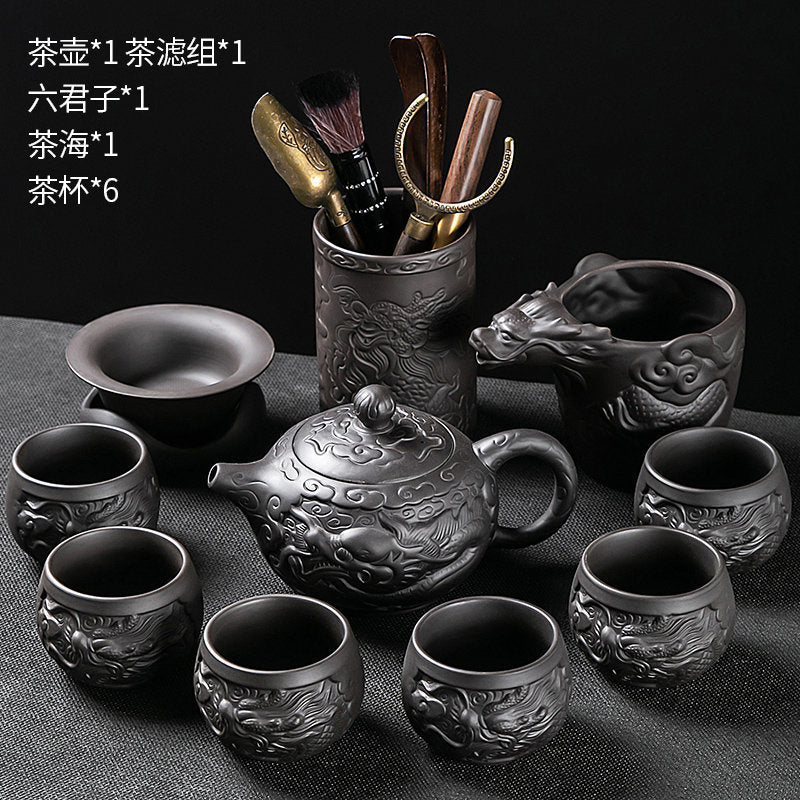 Longteng Sihai luxury purple sand tea set household tea tray office reception Kung Fu teapot covered bowl teacup