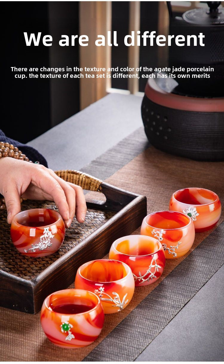 High-grade red agate jade porcelain Kung Fu tea set luxury natural glass lidded bowl tea cup office home gift