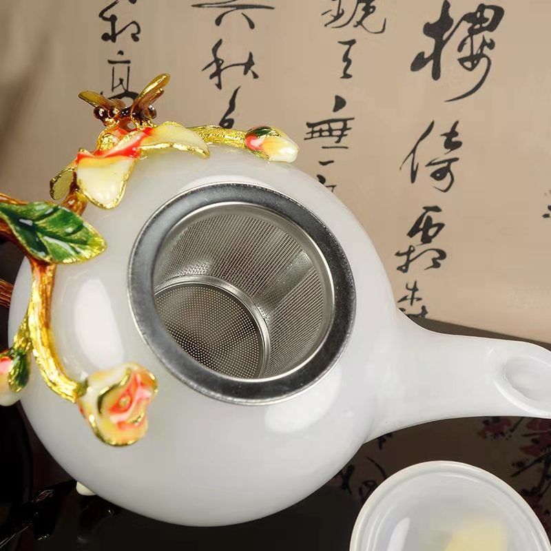 Xinjiang white jade flower blossoms with wealth and integrity, gold inlaid jade high-end home gift tea set Kung Fu jade cup!