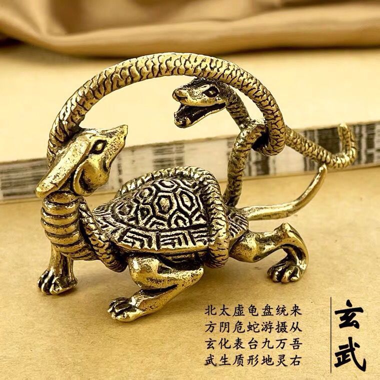 Brass ancient four mythical beasts tea pet ornaments living room retro decoration Qinglong white tiger Suzaku Xuanwu desktop copperware