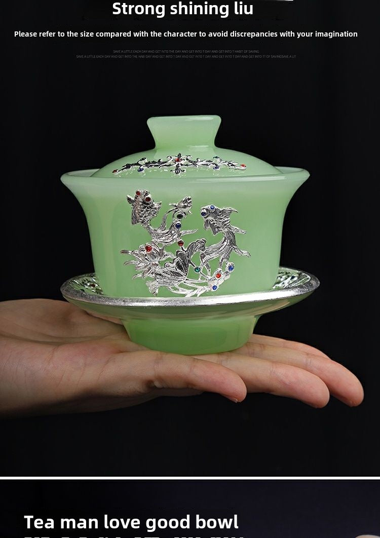 High-grade gold inlaid jade dragon and phoenix large covered bowl tea cup glazed jade tea bowl with lid tea set ancient kung fu tea bowl