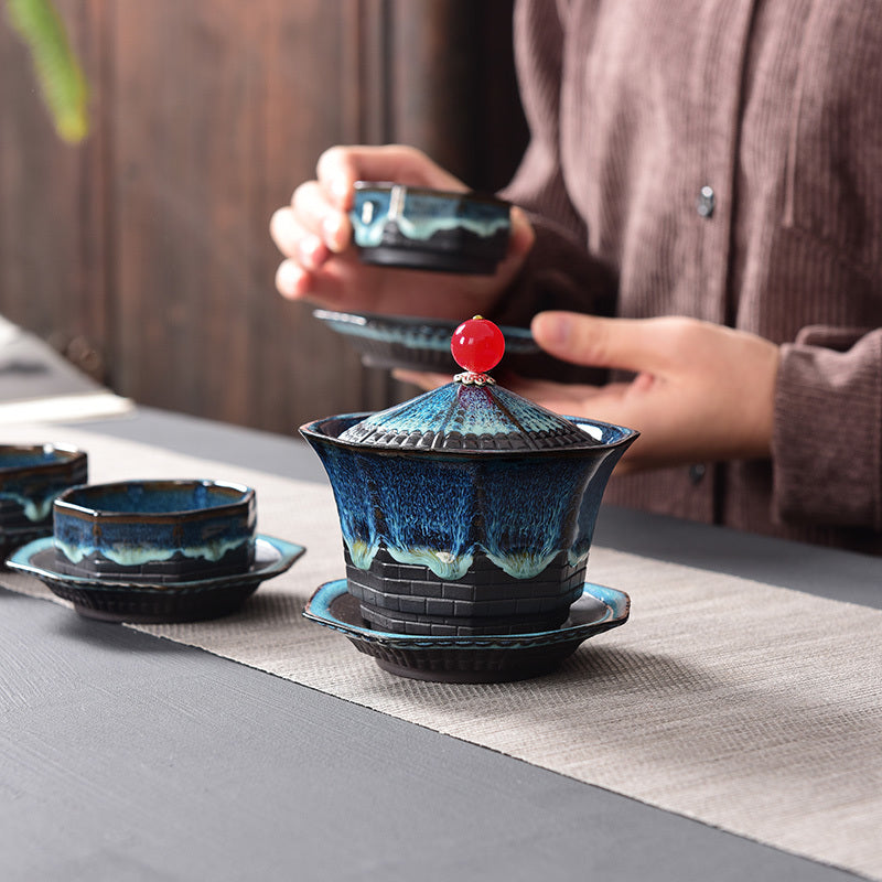 [The soup is not hot] Creative octagonal pagoda kiln-changed purple sand tea set household kung fu tea cup lid bowl travel tea set