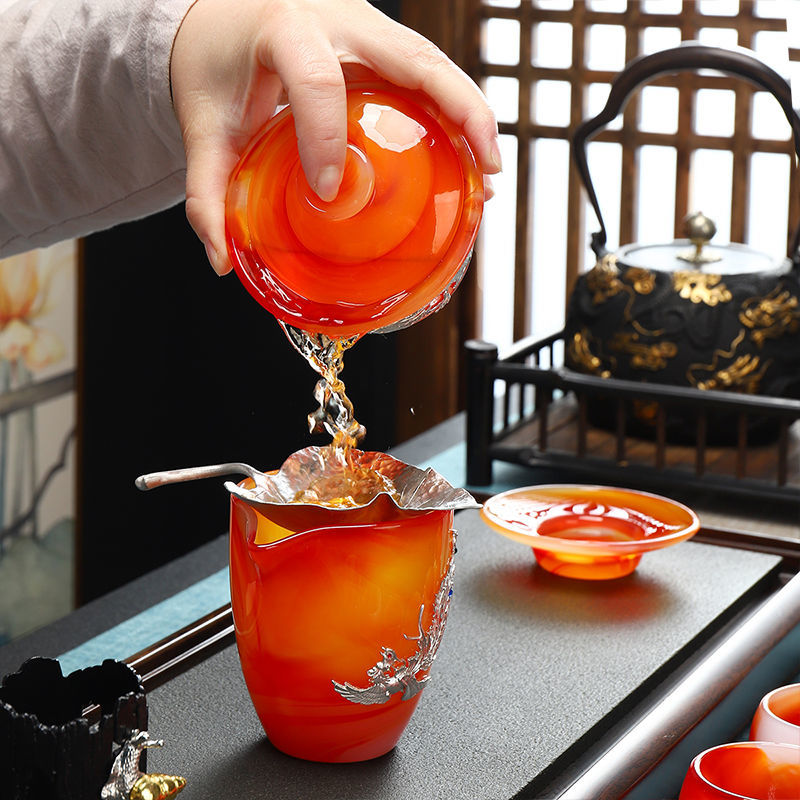 Qimeiyoupin gilded glazed bowl Kung Fu tea set office home agate jade tea cup gift box