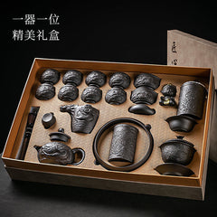 Longteng Sihai luxury purple sand tea set household tea tray office reception Kung Fu teapot covered bowl teacup