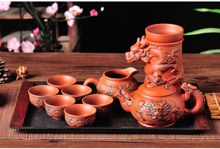 Creative Zisha Antique Tea Filter Kung Fu Automatic Tea Set Dragon Pattern Teapot Teacup Complete Set Ceramic Filter Tea Strainer