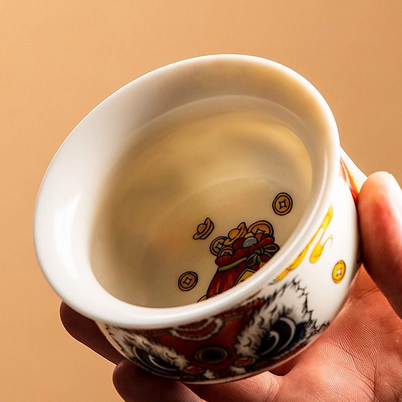 Retro new style hovering awakening lion time to turn luck Kung Fu tea set Sancai covered bowl creative ceramic tea bowl tea brewing covered bowl