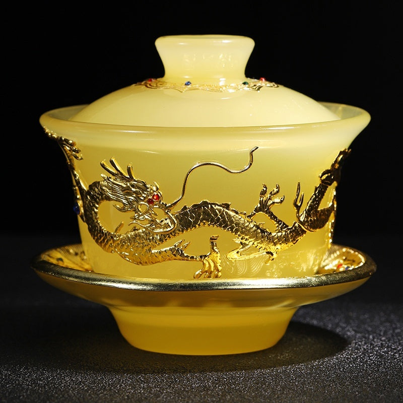 High-grade gold inlaid jade dragon and phoenix large covered bowl tea cup glazed jade tea bowl with lid tea set ancient kung fu tea bowl