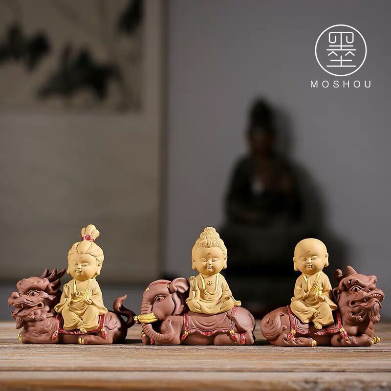 The Three Holy Ones of the West, Guanyin, Tathagata, Ksitigarbha, purple sand Buddha statues, tea pets, Chinese Zen ornaments