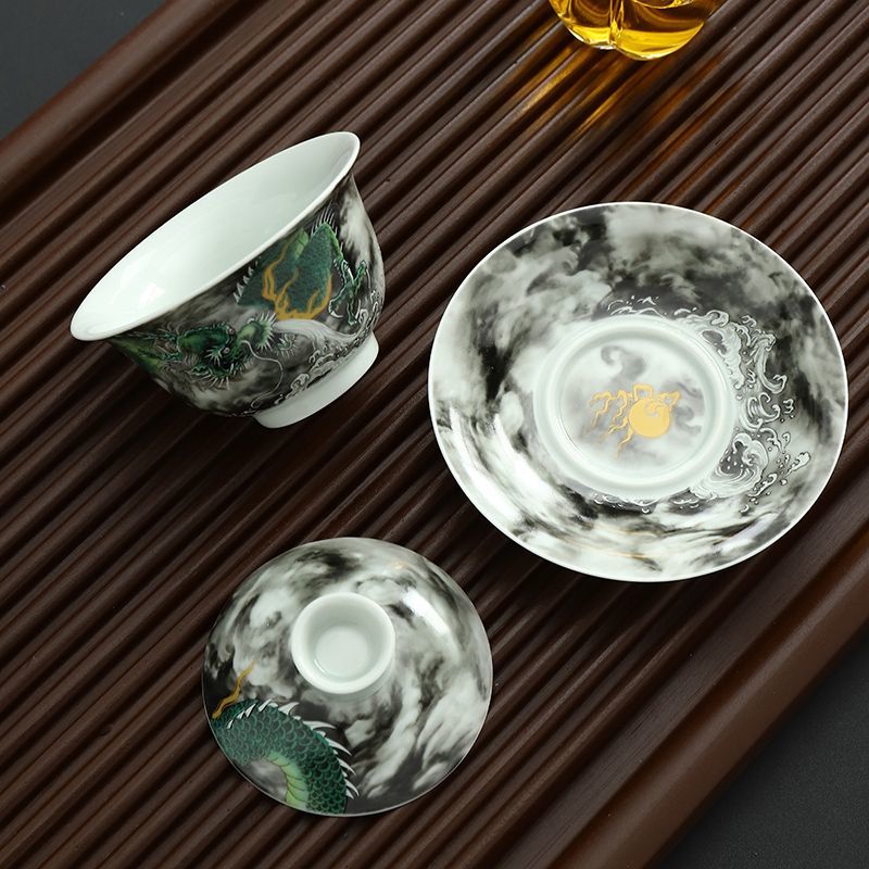 Three-piece porcelain set Ru kiln ink-colored auspicious cloud lidded bowl with cracks, can be used to raise a tea cup, anti-scalding Kung Fu tea set, tea brewing cup