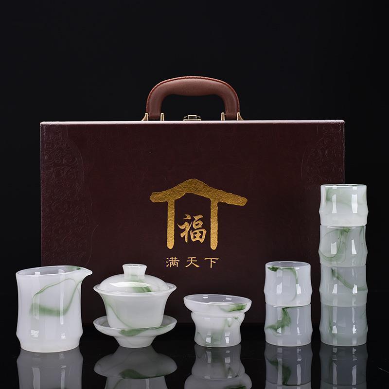 [Transparent as jade] Sky blue colored glaze Kung Fu tea set set with covered bowl and tea cup, complete set of home office tea brewing, business high-end gift tea set