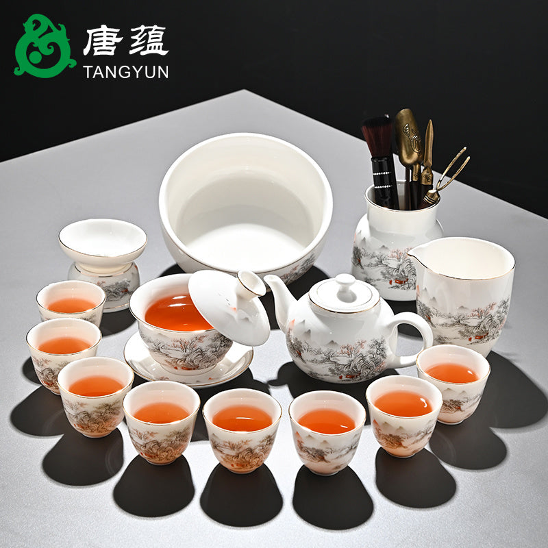 Ice-type mutton-fat jade white porcelain Kung Fu tea set home office reception ceramic covered bowl tea cup high-end gift box