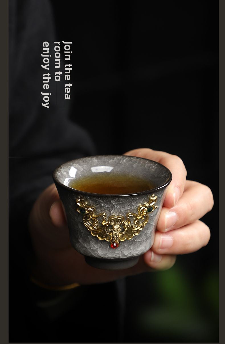 [Chinese style] Black ice flower gold inlaid jade tea cup home reception tea cup ceramic Kung Fu tea set single high-end tea cup host cup